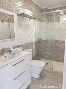 a bathroom with a toilet and a sink and a shower at Apartamento Kings Vegueta in Las Palmas de Gran Canaria