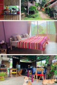 two pictures of a bedroom with a bed and a dog at Pai Yard Guest House in Pai