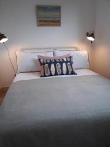 1 dormitorio con 1 cama con almohadas y 2 lámparas en Estuary View, en Machynlleth