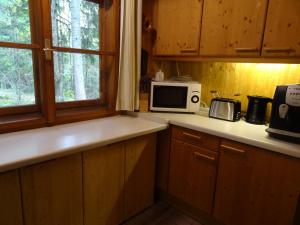 a kitchen with wooden cabinets and a microwave on the counter at Ferienhütte Hochalm in Lunz am See