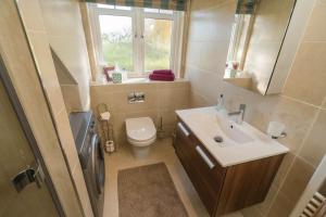 baño con lavabo y aseo y ventana en Dunroamin Apartment, en Drymen