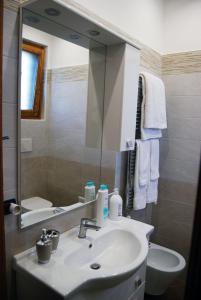 een badkamer met een wastafel, een spiegel en een toilet bij Madre Terra in Pimonte
