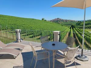 a patio with a table and chairs and a vineyard at Dimora San Carlo in Roddi
