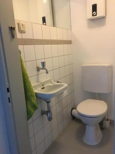 ein Bad mit einem WC und einem Waschbecken in der Unterkunft Zweizimmerwohnung nah der Messe in Düsseldorf