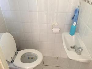 a bathroom with a toilet with a blue bottle on it at Strandjutter huisje 8 in Middelkerke