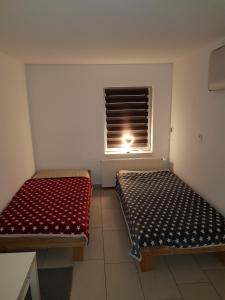 two beds in a small room with a window at Ferienwohnung Bonndorf in Wasungen