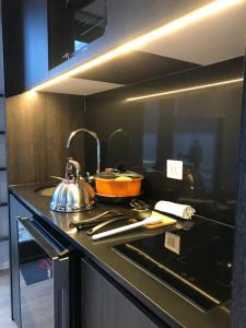 a kitchen with a stove with a tea pot on it at Chelenko Lodge in Puerto Tranquilo +37 photos