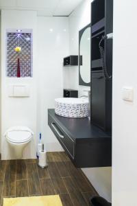 ein Bad mit einem schwarzen Waschbecken und einem WC in der Unterkunft Villa Monte Dana in Zwanenburg