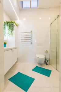 baño con 2 esterillas verdes en el suelo en Casa Ricardo BEACH Apartment, en Morro del Jable