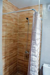 a bathroom with a shower with a wooden wall at Apartament Basia in Hajnówka