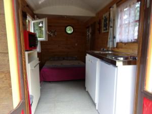 una pequeña cocina en una pequeña casa con fregadero en La Roulotte CHAINOUX, en Bains-sur-Oust