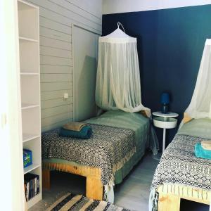 a bedroom with two beds and a blue wall at Coin Paradis in Anse-Bertrand