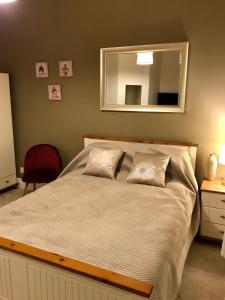 a bedroom with a bed with a mirror on the wall at Velvet Nest 5 min walk from train station in Leamington Spa