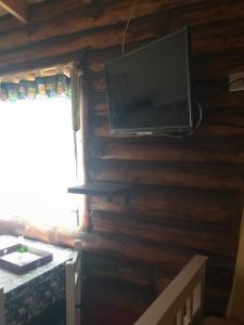 a television on the wall of a log cabin at Complejo Alma Serrana in Sierra de la Ventana