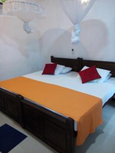 a bedroom with two beds with red pillows at Waterway garden in Polonnaruwa