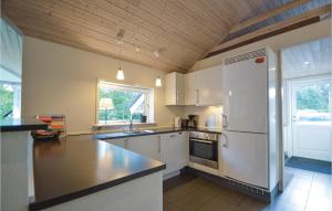 una cucina con elettrodomestici bianchi e soffitto in legno di Holiday Home Sydmarken Toftlund I a Vestergård