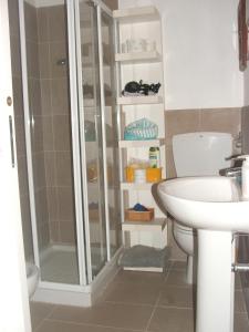 een badkamer met een douche, een toilet en een wastafel bij Il Ghiro in Linaro
