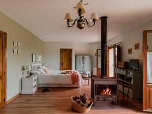 1 dormitorio con 1 cama y estufa de leña en Hospedería del Valle Boutique Apartments, en Gargantilla del Lozoya
