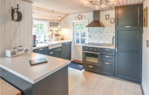 ニュボーにあるCozy Home In Nyborg With Kitchenのキッチン(青いキャビネット、白いカウンタートップ付)