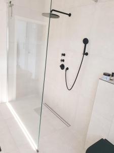 y baño con ducha y puerta de cristal. en Wunderschönes Penthouse im Herzen von Hameln en Hameln