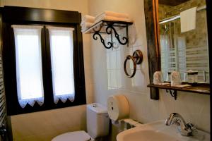 a bathroom with a toilet and a sink and a mirror at Casa Rural Arboliz in Ibarrangelu