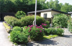 um jardim com flores cor-de-rosa e um edifício em Awesome Home In Rnne With Wifi em Rønne