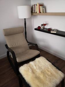 einen Stuhl und einen pelzigen Teppich in einem Zimmer in der Unterkunft Vadóka ház in Őriszentpéter