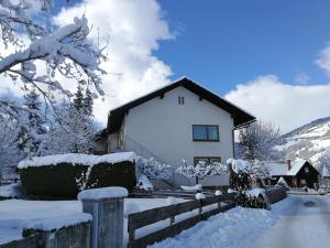 une maison recouverte de neige avec une clôture dans l'établissement Angi's Apartment, à Sankt Lorenzen ob Murau
