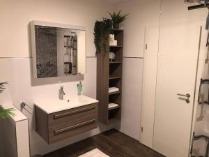 ein Bad mit einem Waschbecken und einem Spiegel in der Unterkunft Ferienwohnung Jobst - Ruhig mit Blick ins Grüne in Nittenau
