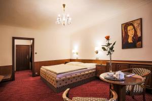 a hotel room with a bed and a table at Hotel Ostrov in Nymburk