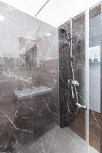 a bathroom with a shower and a sink in it at Oak house apartments in Kaunas