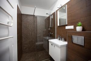 e bagno con servizi igienici, lavandino e doccia. di Oak house apartments a Kaunas