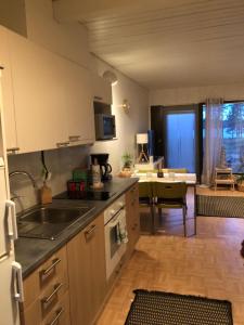 una cucina con lavandino e una sala da pranzo di Joutiaisentie I 55 Forest apartment a Joutsa