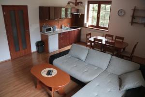 uma sala de estar com um sofá e uma mesa em Apartmány Olympia em Železná Ruda