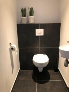 een badkamer met een wit toilet en een wastafel bij Vakantiehuis ViDa in Lanaken