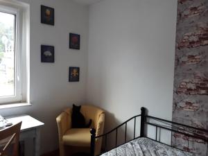 a cat sitting in a chair in a room at One-bed room Mariensee in Neustadt am Rübenberge +2 photos