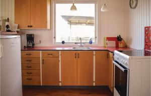 una cucina con armadi in legno, lavandino e finestra di Awesome Home In Bogense With 2 Bedrooms And Wifi a Bogense
