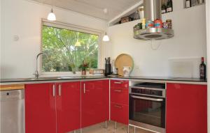 ティスヴィレライにあるAmazing Home In Tisvildeleje With Kitchenの赤いキャビネットと窓付きのキッチン