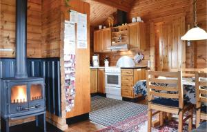 a kitchen with a woodburning stove in a cabin at Beautiful Home In Ringkbing With 3 Bedrooms, Sauna And Wifi in Klegod