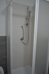 un bagno con doccia e porta in vetro di B&B da Palminio a Loceri
