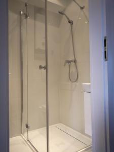 een douche met een glazen deur in de badkamer bij Apartament Skandynawski Sienkiewicza 13 in Kielce