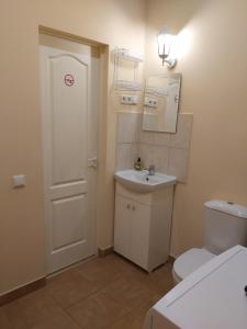 a bathroom with a white toilet and a sink at Sofija apartamenti in Daugavpils