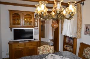 ein Wohnzimmer mit einem TV und einem Kronleuchter in der Unterkunft Ferienwohnungen Angermaier in Flattach