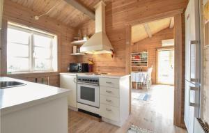 Kuchnia z drewnianymi ścianami i białą płytą kuchenną w obiekcie 2 Bedroom Stunning Home In Nyborg w mieście Nyborg