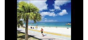 Eine Frau spaziert an einem Strand mit einer Palme in der Unterkunft Mini Chula Inn in Chatan