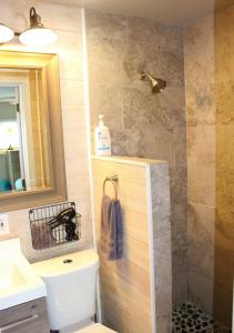 a bathroom with a shower with a toilet and a sink at Latitude 26 Waterfront Boutique Resort - Bonita Springs in Bonita Springs