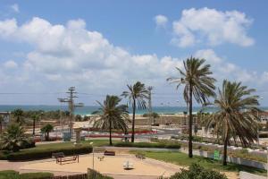 a view of a park with palm trees and the ocean at Rachel imenu Duplex Apartment Amazing sea view in Ashdod