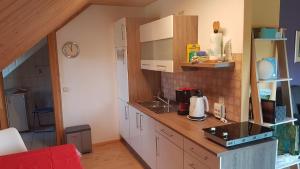 uma cozinha com um lavatório e uma bancada em Ferienwohnung Demas em Gunzenhausen