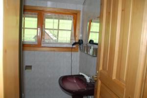 a bathroom with a red toilet and a window at Ferienwohnung Lahnerhof in Arriach