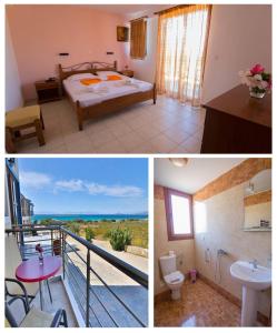 two pictures of a room with a bed and a balcony at Hotels Kalimera Inn in Elafonisos